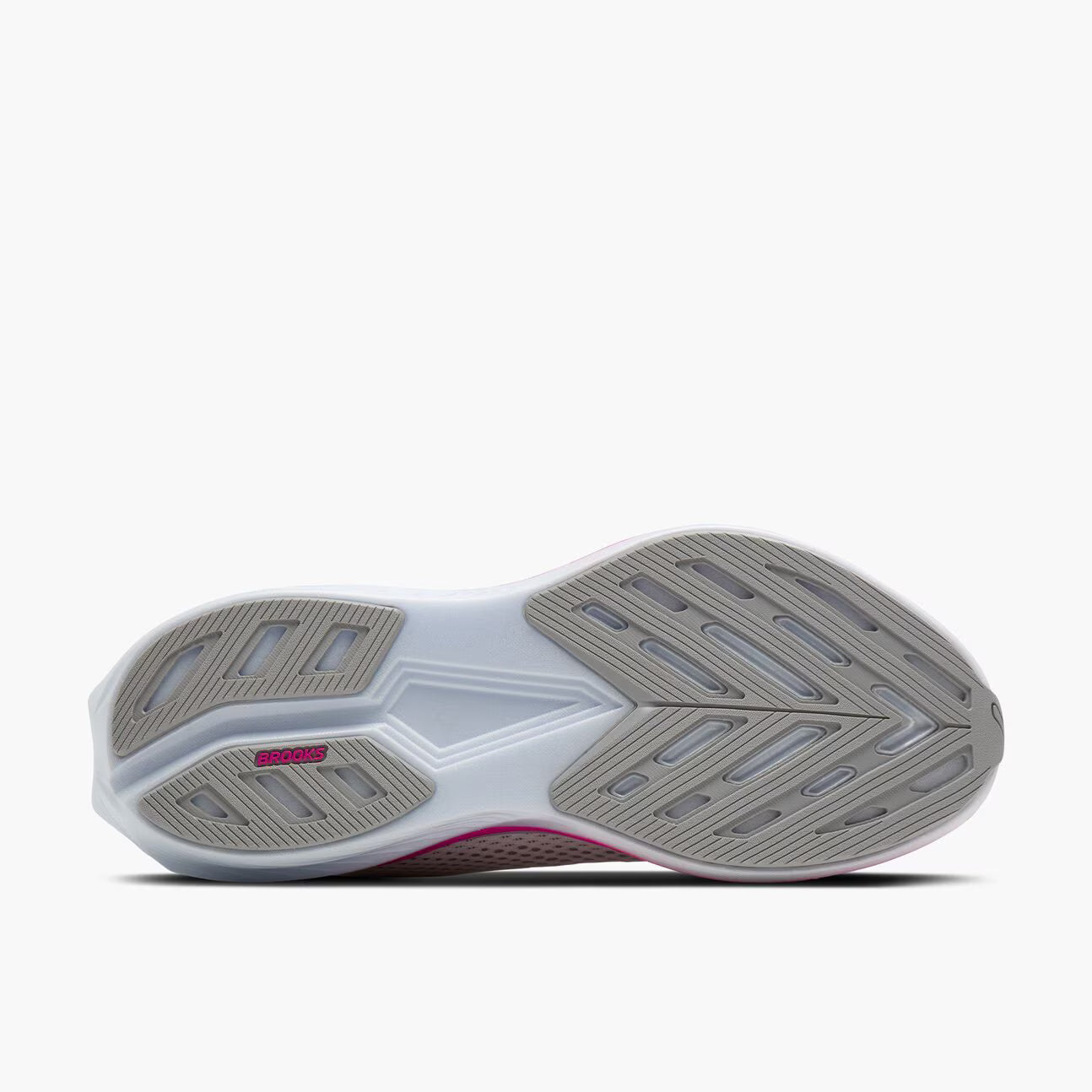Sole of a running shoe with a white and gray sole design on a white background