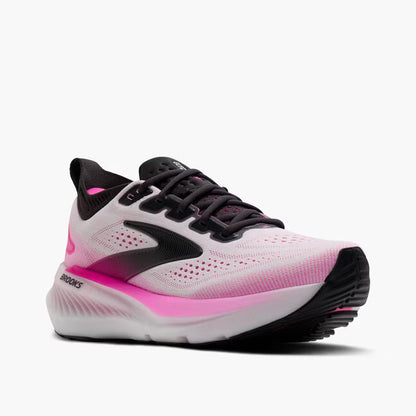 Pink and black running shoe on a white background