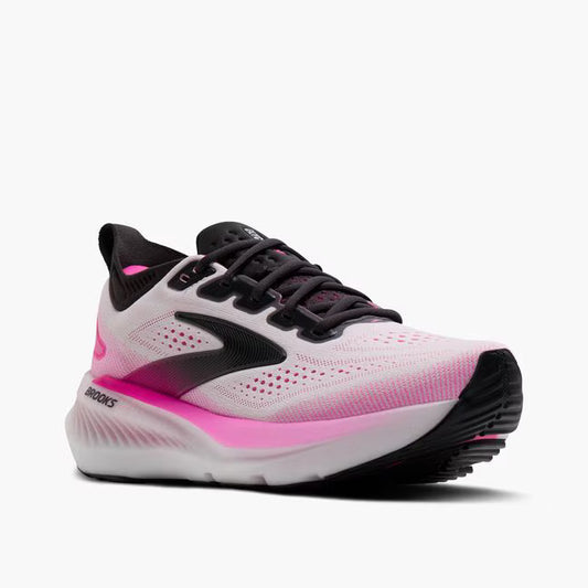 Pink and black running shoe on a white background