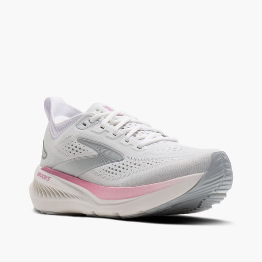 White and pink running shoe on a white background