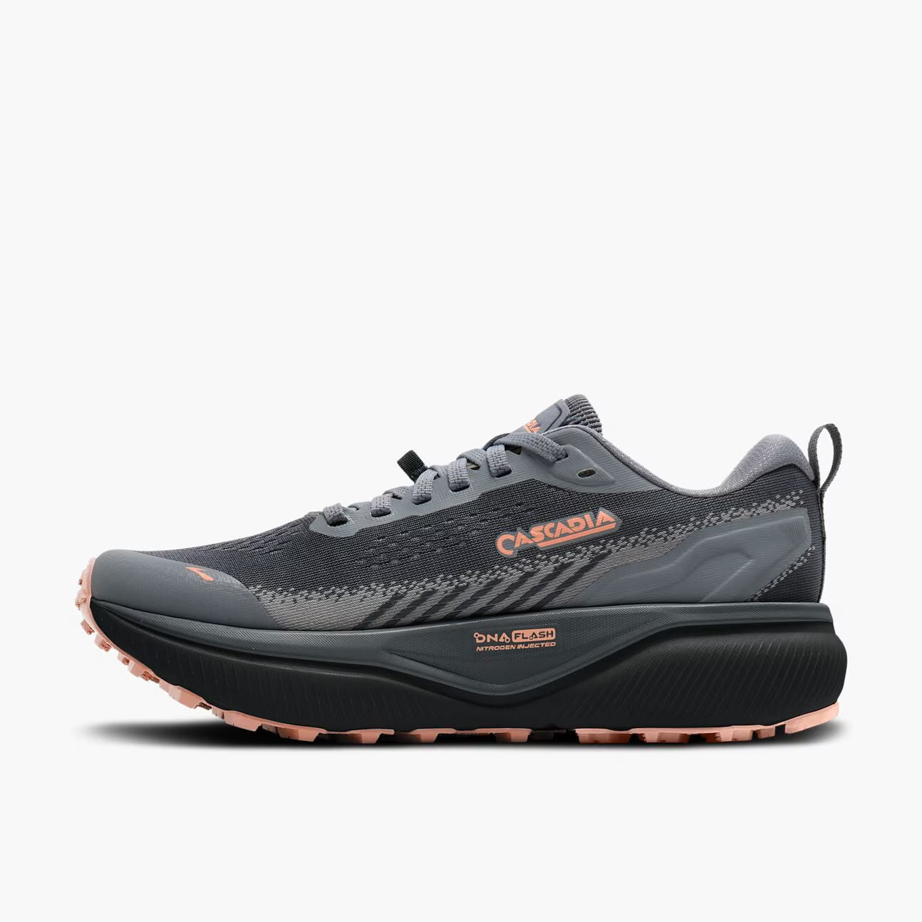 A dark gray and black trail running shoe with a thick black midsole and dusty rose accents on the outsole and branding, shown from a side profile on a light gray background.
