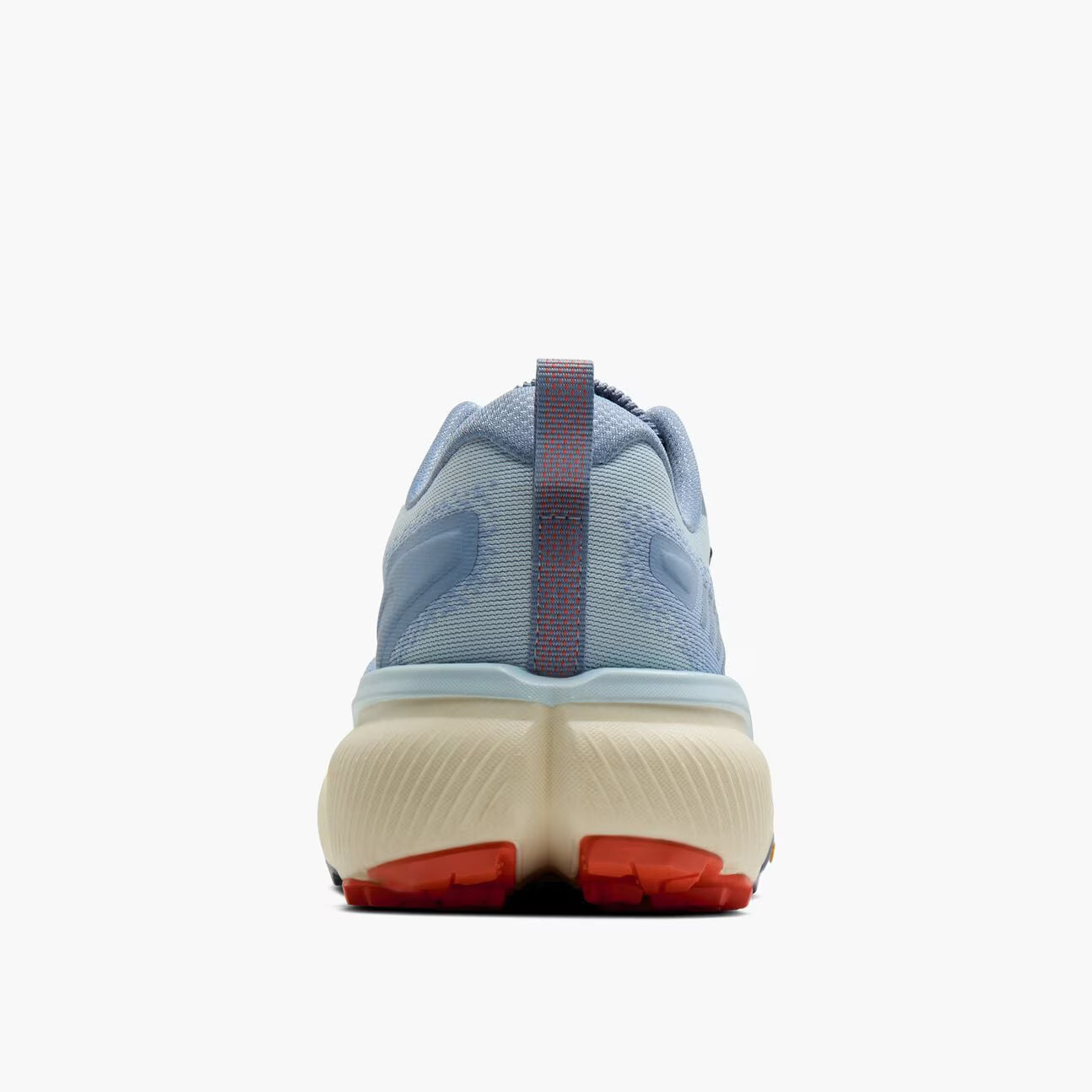 A rear view of a Brooks Cascadia 20 light blue athletic shoe with a thick cream-colored midsole and red outsole, shown against a plain white background.