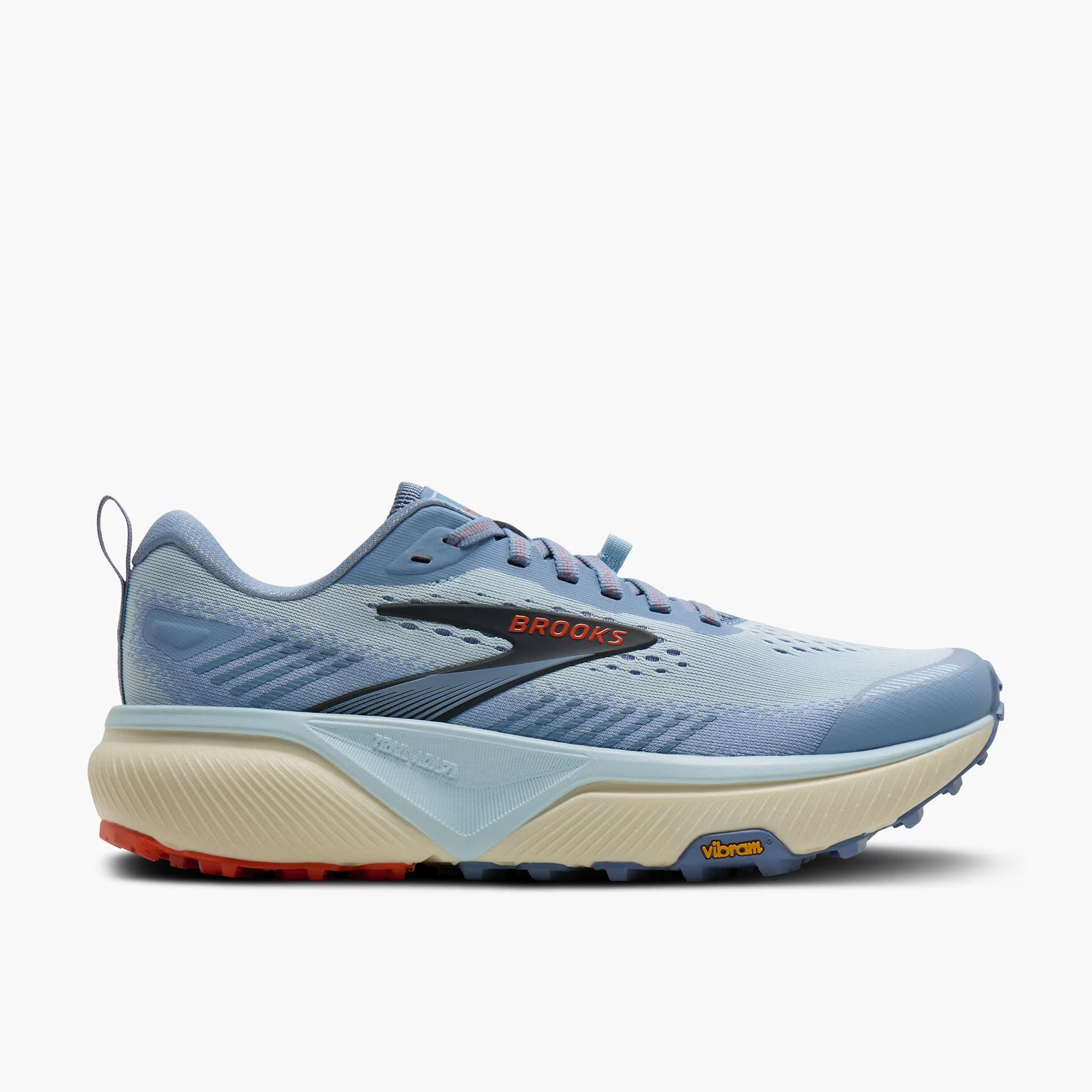 A Brooks Cascadia 20 running shoe in light blue, cream, and black, shown from a side profile on a light gray background.