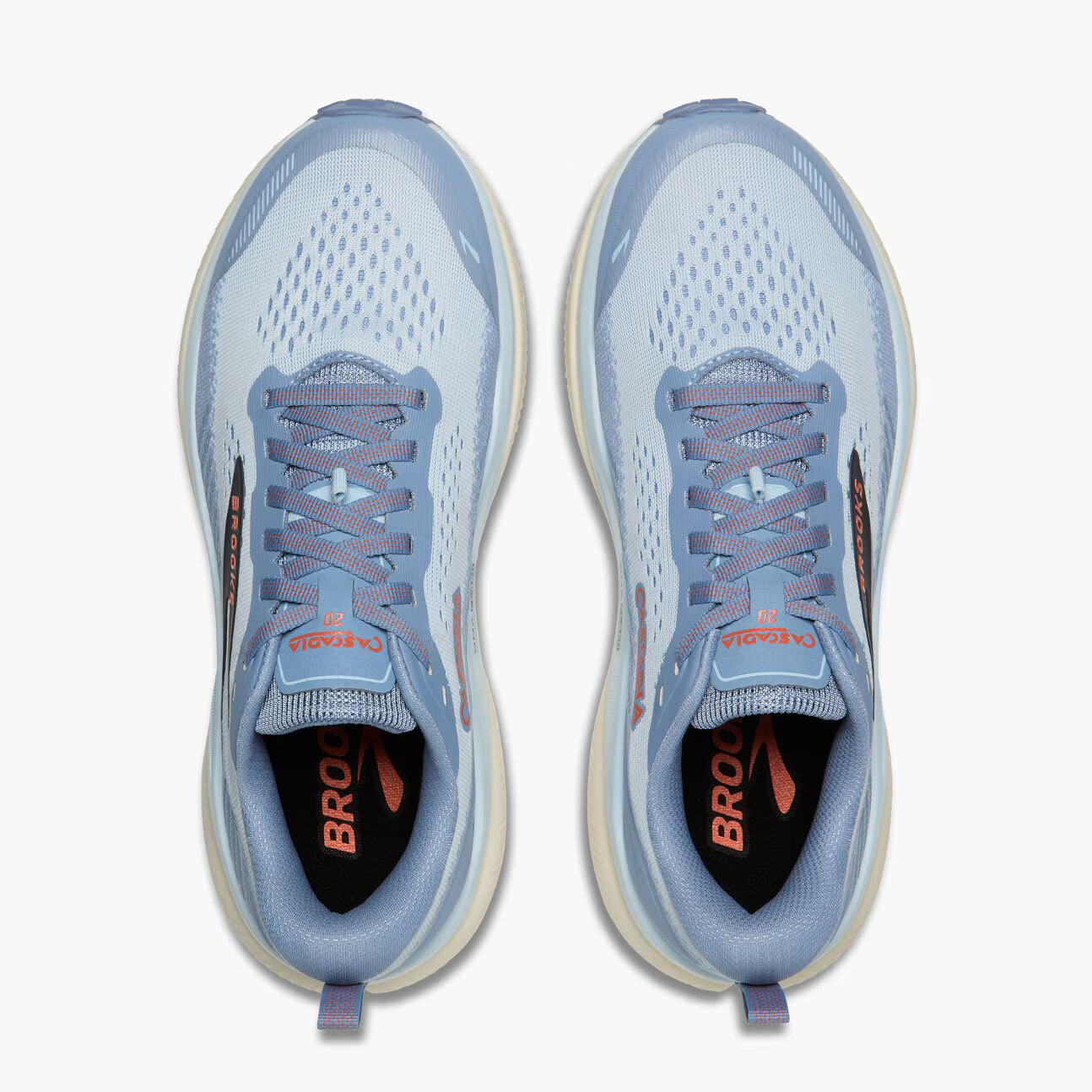 A pair of Brooks running shoes in light blue and white, shown from a top-down view on a light gray background.