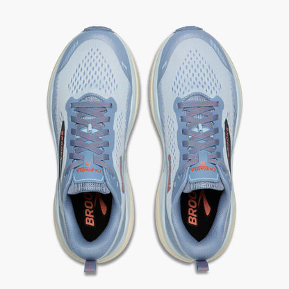 A pair of Brooks running shoes in light blue and white, shown from a top-down view on a light gray background.