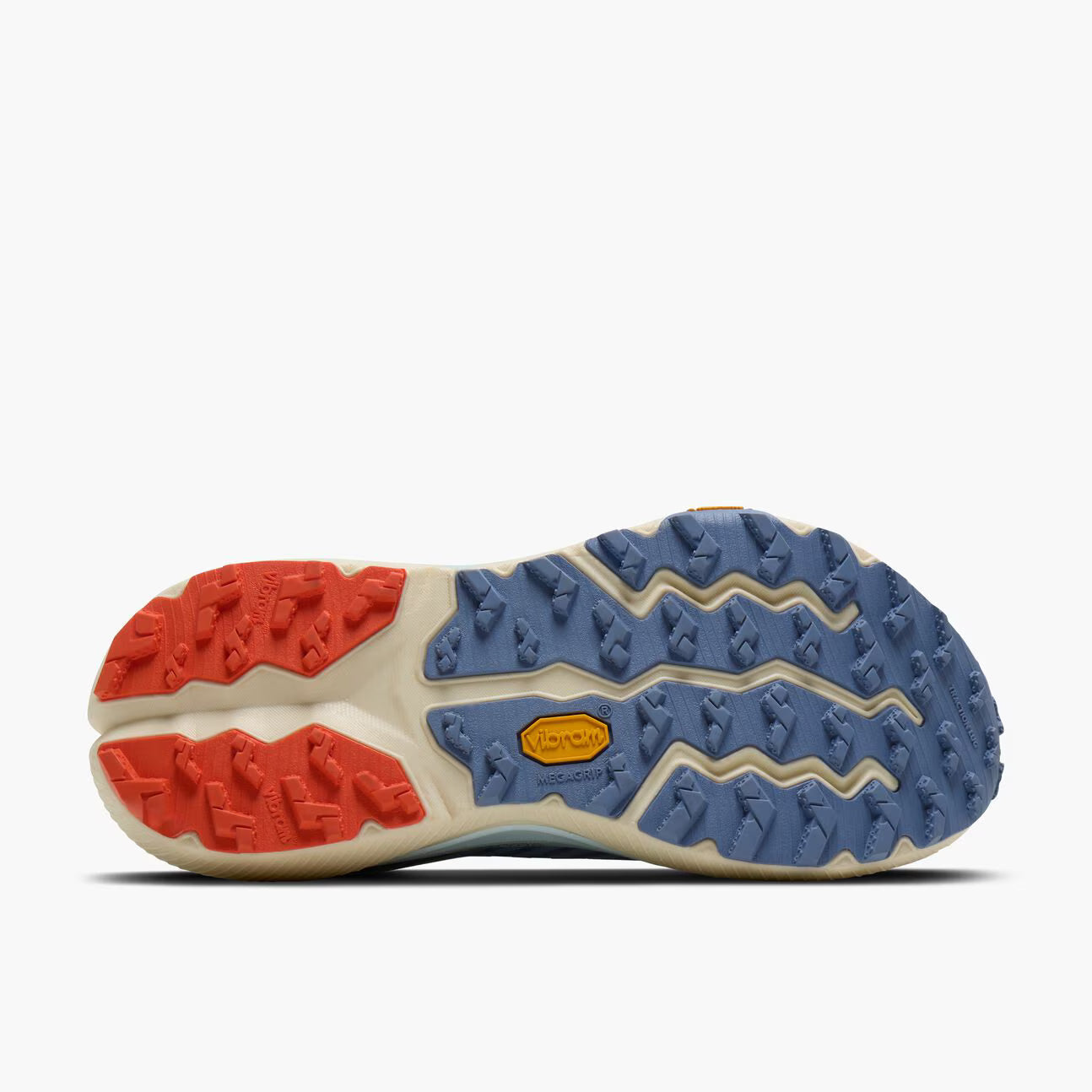 The outsole of a Brooks Cascadia 20 trail running shoe showing a blue Vibram grip pattern, a red and orange lugged section, and a beige midsole on a light gray background.