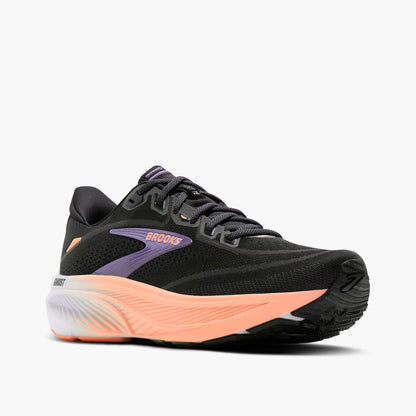 Black, pink, and purple Brooks Women's Ghost 18 running shoe with pink sole on a white background