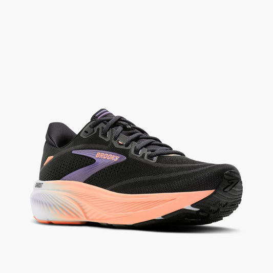 Black, pink, and purple Brooks Women's Ghost 18 running shoe with pink sole on a white background