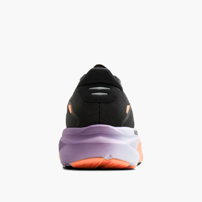 Black, pink, and purple Brooks Women's Ghost 18 running shoe with purple sole and orange accents on a white background