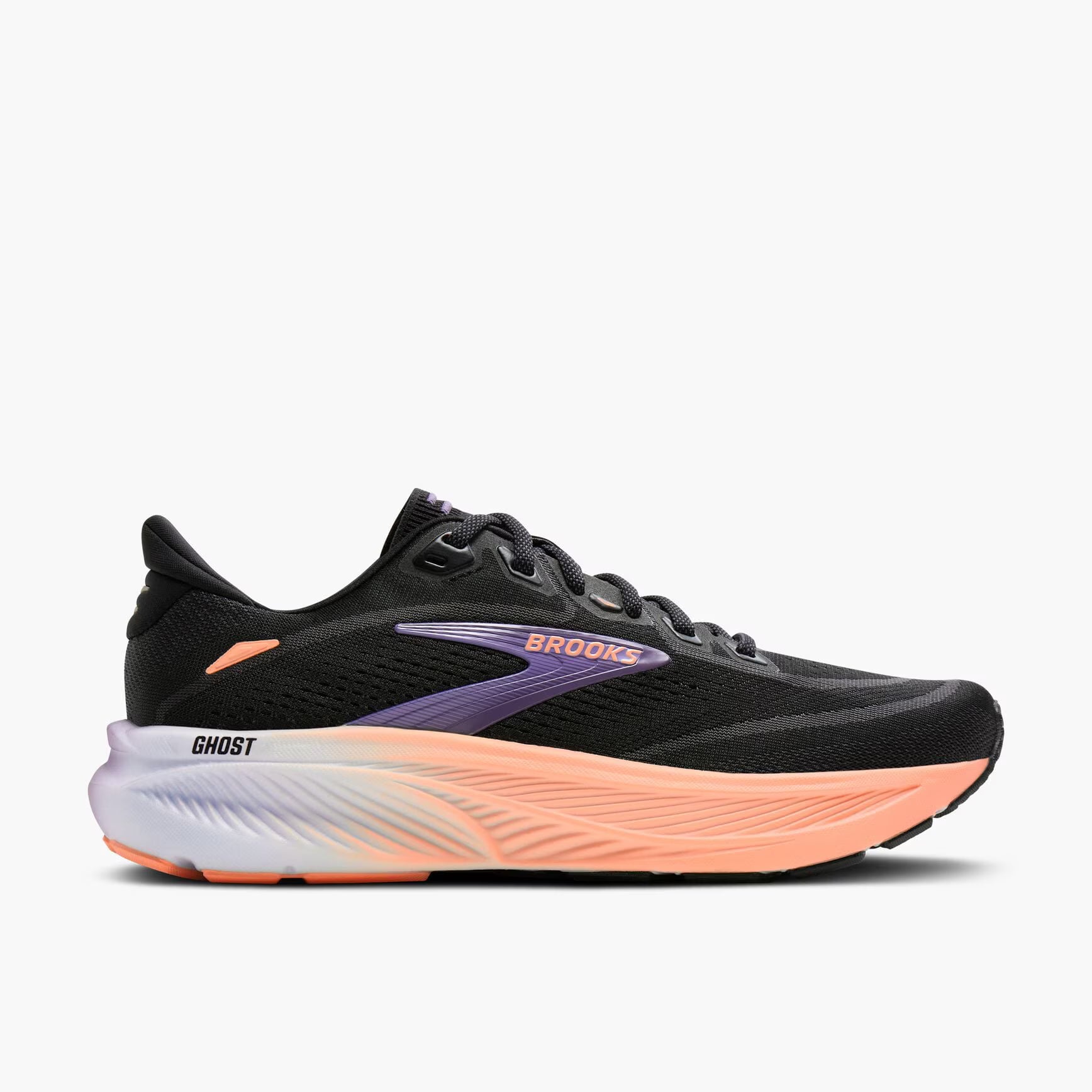 Black, pink, and purple Brooks Women's Ghost 18 running shoe with orange and purple accents on a white background