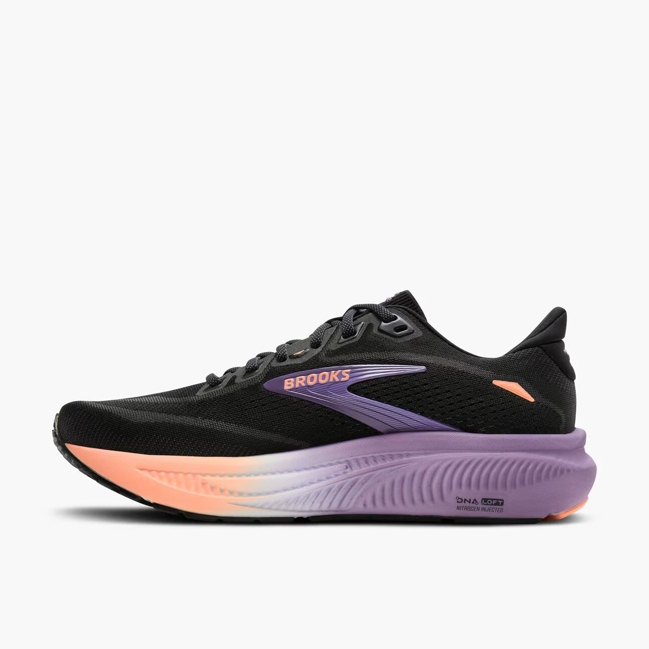 Black, pink, and purple Brooks Women's Ghost 18 running shoe with purple and orange accents on a white background