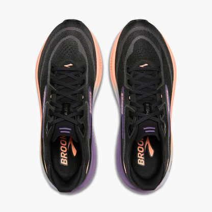 Black, pink, and purple Brooks Women's Ghost 18 running shoes with orange and purple accents on a white background