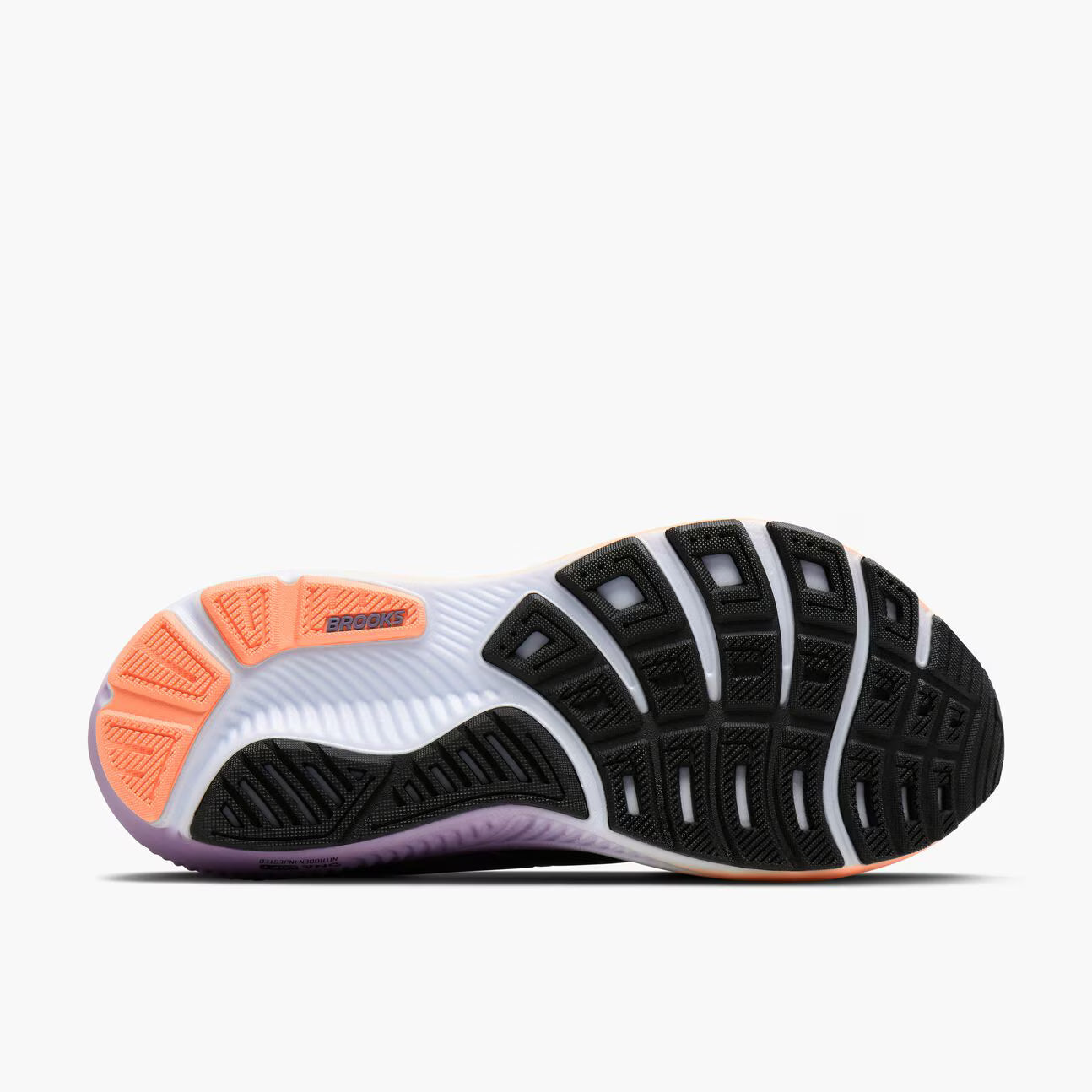 Sole of a Black, pink, and purple Brooks Women's Ghost 18 running shoe with black, white, and orange design on a white background