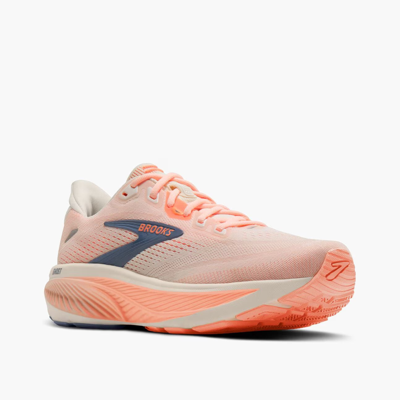 Pink Brooks Women's Ghost 18 running shoe with 'Brooks' branding on a white background