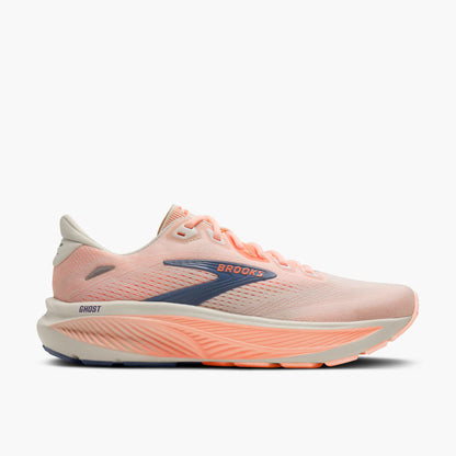Pink Brooks Women's Ghost 18  running shoe with blue accents on a white background