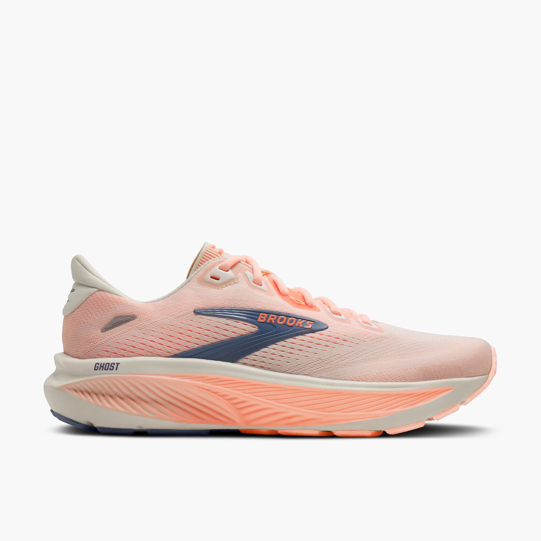 Pink, white, and grey Brooks Women's Ghost 18 wide fit running shoe with blue accents on a white background