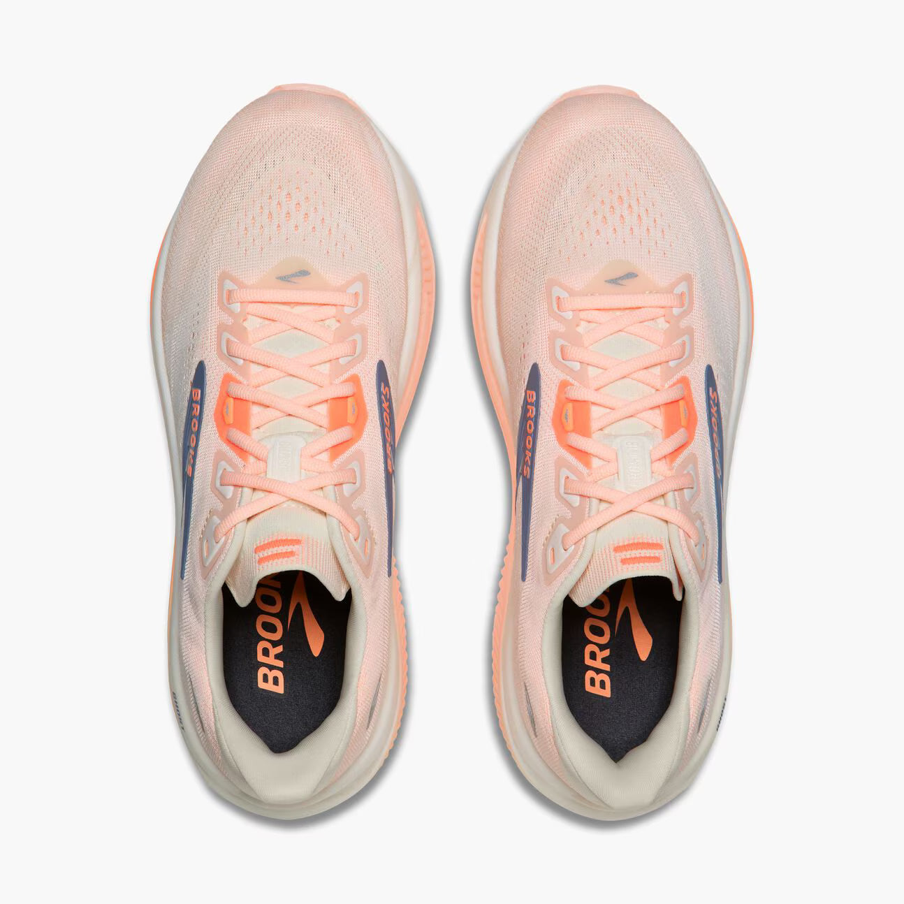 Pair of Pink, white, and grey Brooks Women's Ghost 18 wide fit running shoes on a white background