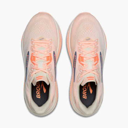 Pair of Pink, white, and grey Brooks Women's Ghost 18 wide fit running shoes on a white background