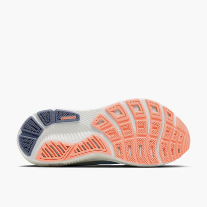 Sole of a Pink Brooks Women's Ghost 18  running shoe with pink and blue design on a white background