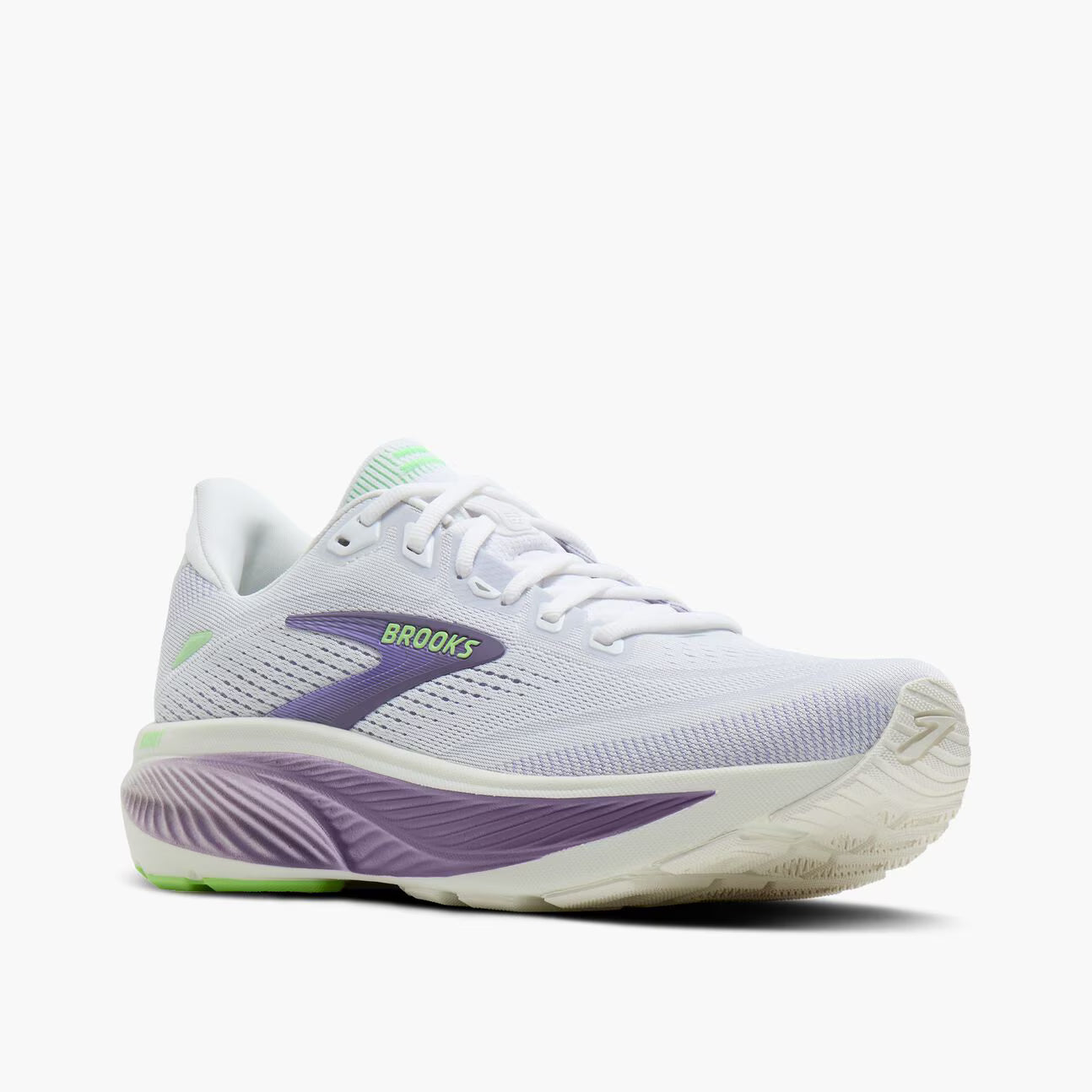 White and purple Brooks Women's Ghost 18 running shoe with purple accents and 'Brooks' branding on a white background
