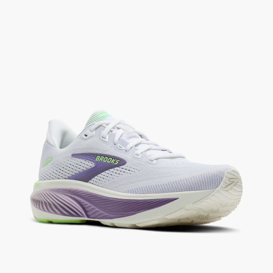 White and purple Brooks Women's Ghost 18 running shoe with purple accents and 'Brooks' branding on a white background