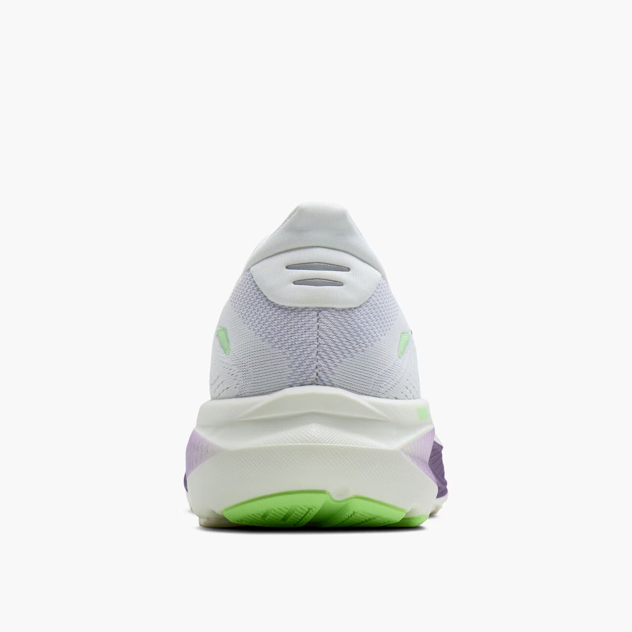 White and purple Brooks Women's Ghost 18 running shoe from behind