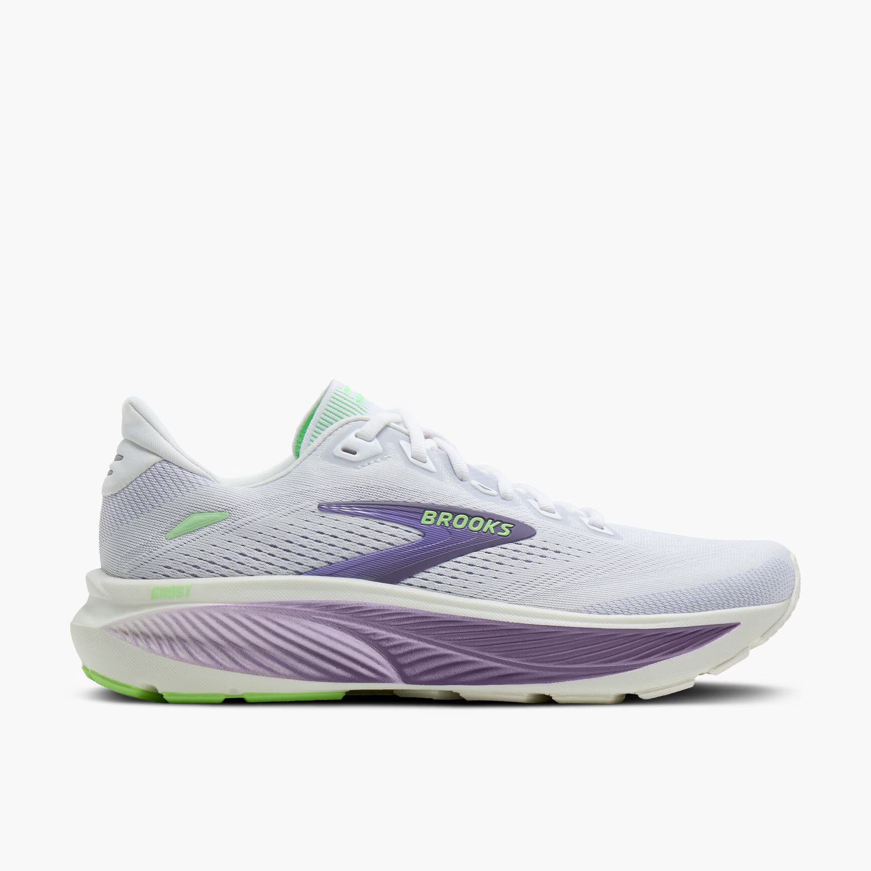 White and purple Brooks Women's Ghost 18 running shoe with purple accents and green details on a white background