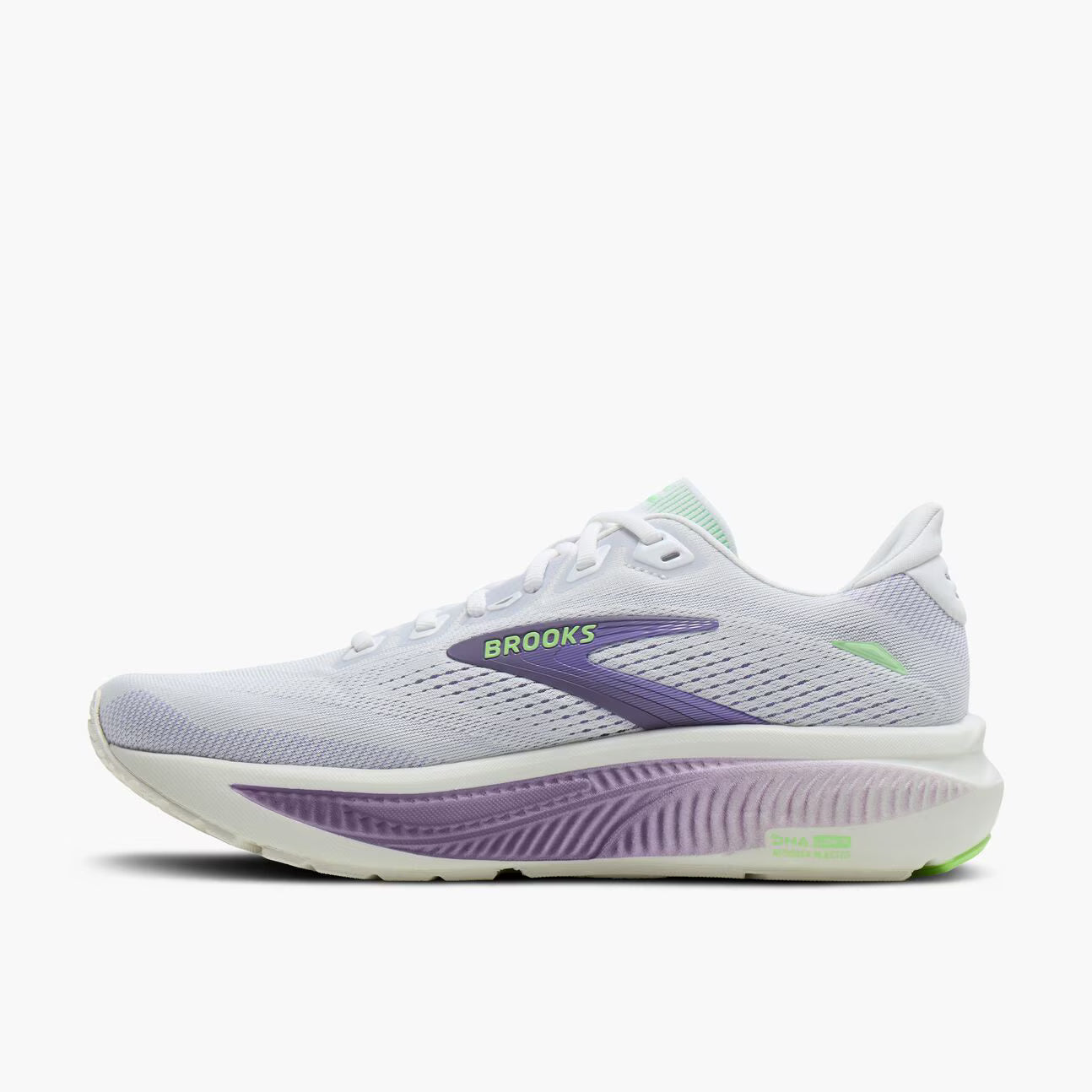 White and purple Brooks Women's Ghost 18 running shoe with purple and green accents on a white background