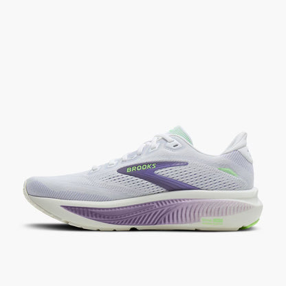 White and purple Brooks Women's Ghost 18 running shoe with purple and green accents on a white background