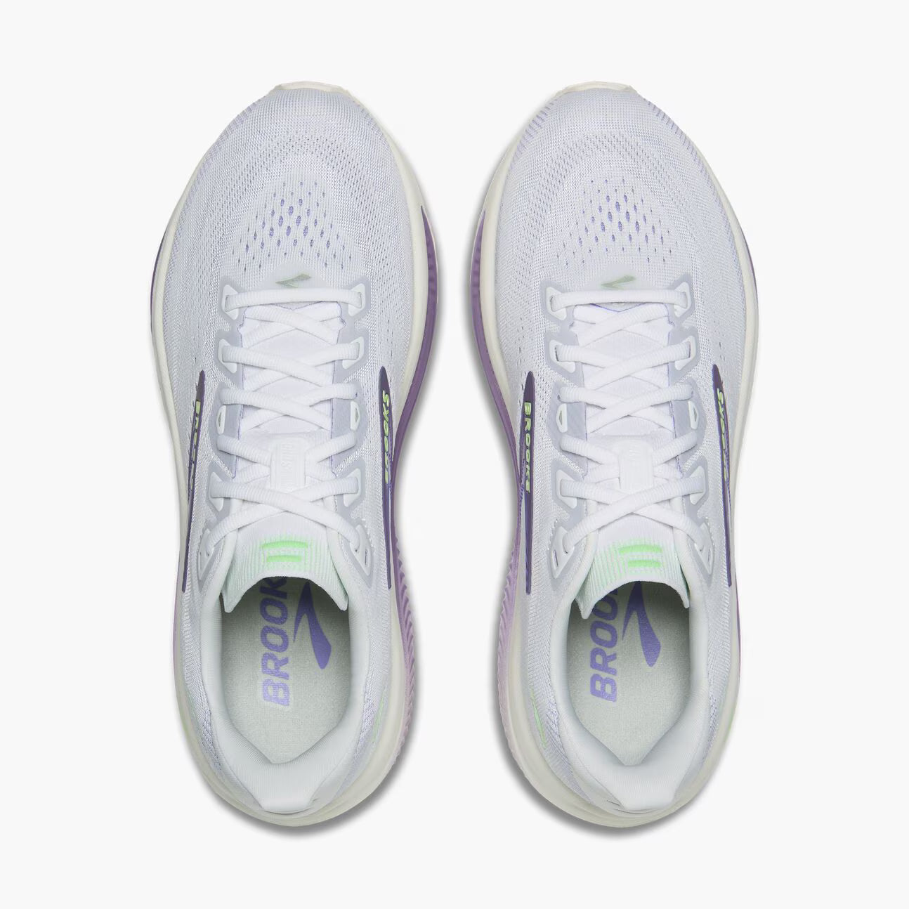 White and purple Brooks Women's Ghost 18 running shoes with purple accents on a white background