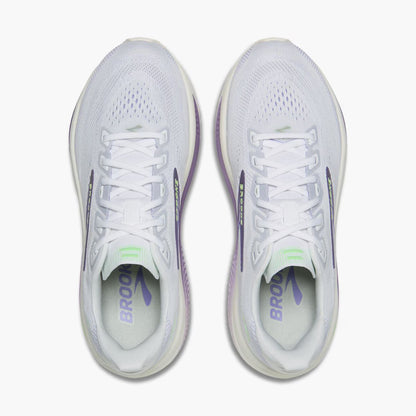 White and purple Brooks Women's Ghost 18 running shoes with purple accents on a white background