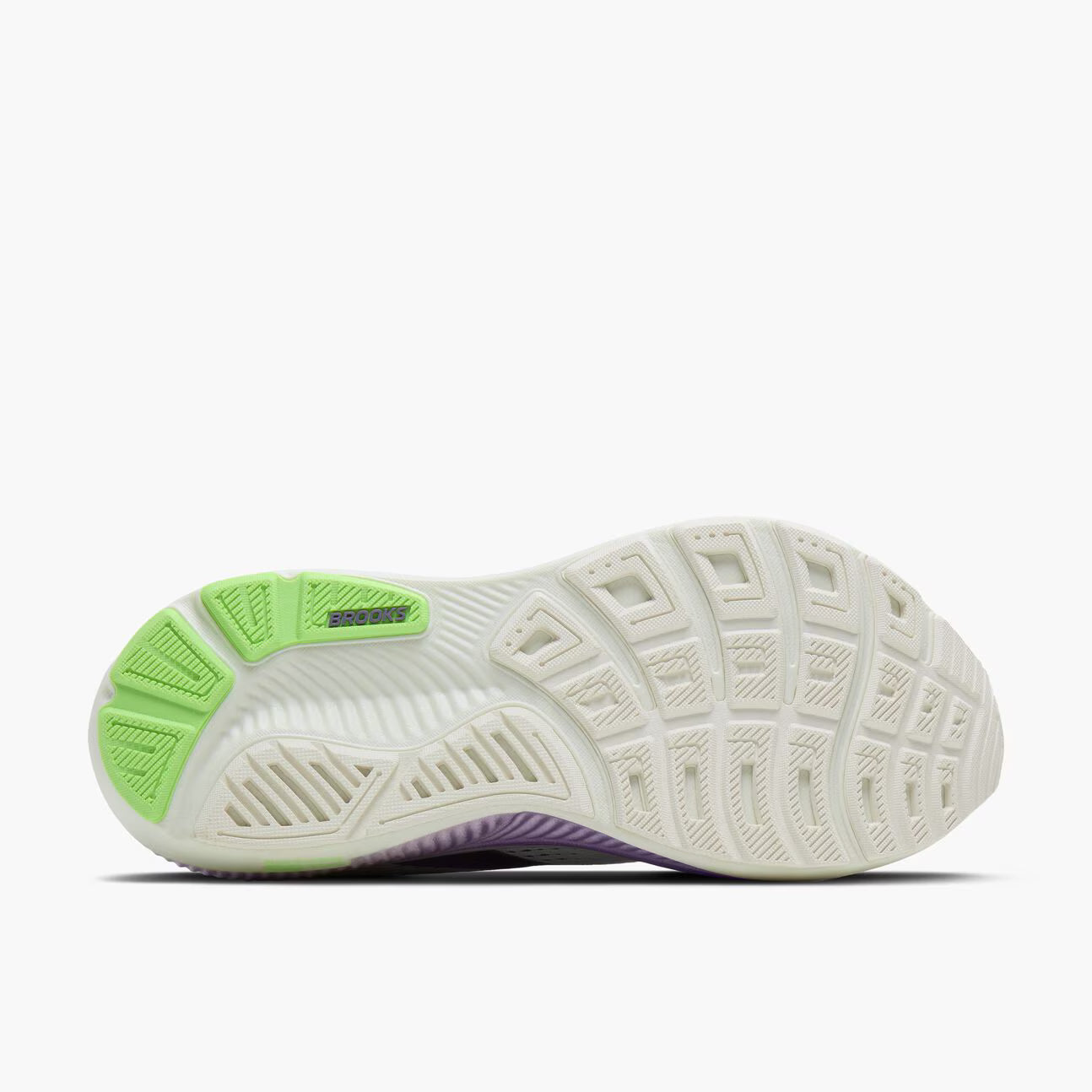 White and purple Brooks Women's Ghost 18 athletic shoe sole with green accents on a white background