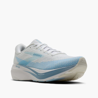 Brooks Ghost Amp running shoe in white and light blue, shown from a three-quarters angle on a clean white background.