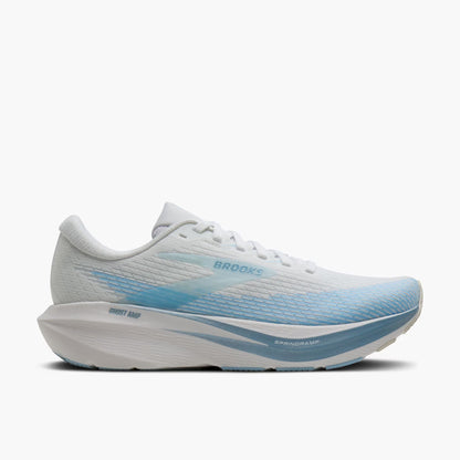 Brooks Ghost Amp running shoe in white and light blue, shown from a lateral profile view on a clean white background.