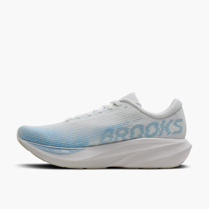 Brooks Ghost Amp running shoe in white and light blue, shown from a side profile view against a clean white background.