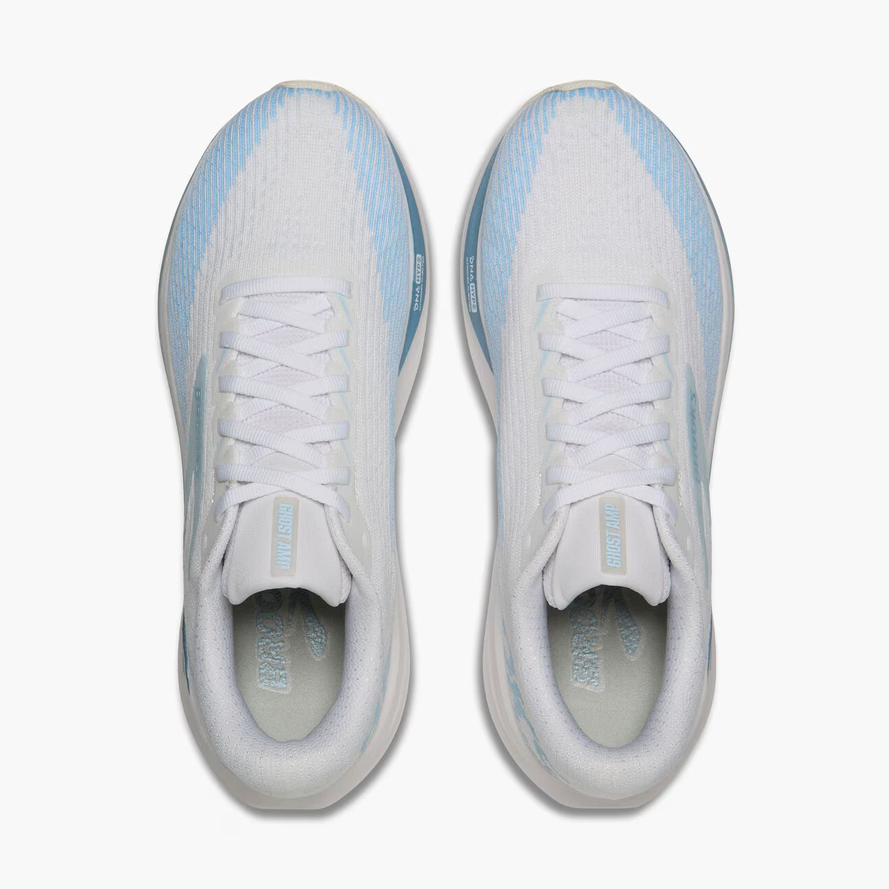 Brooks Ghost Amp running shoes in white and light blue, shown from a top-down view on a light gray background.