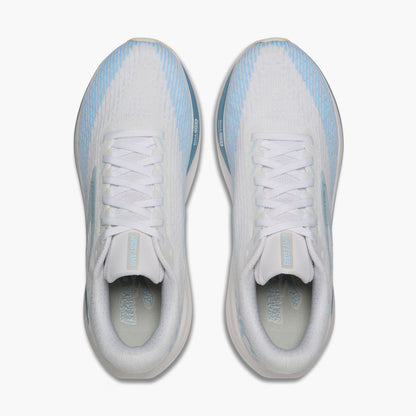 Brooks Ghost Amp running shoes in white and light blue, shown from a top-down view on a light gray background.