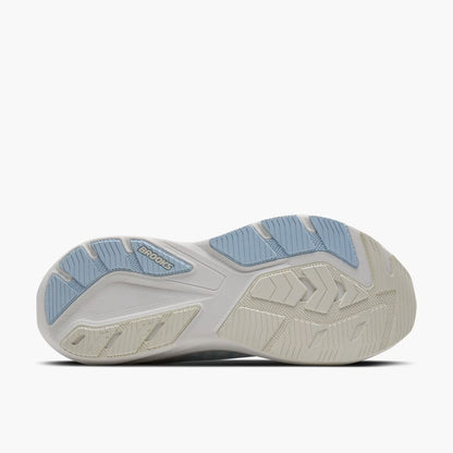 The outsole of a Brooks running shoe, showing a white and light blue tread pattern on a clean white background.