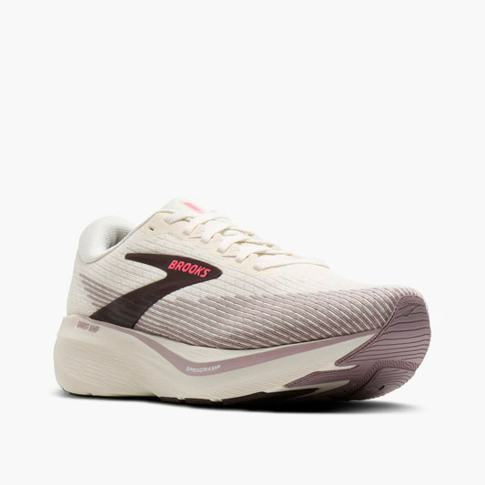 Brooks Ghost Amp running shoe in off-white and light gray with a dark brown side stripe and red Brooks logo, shown on a light gray background.
