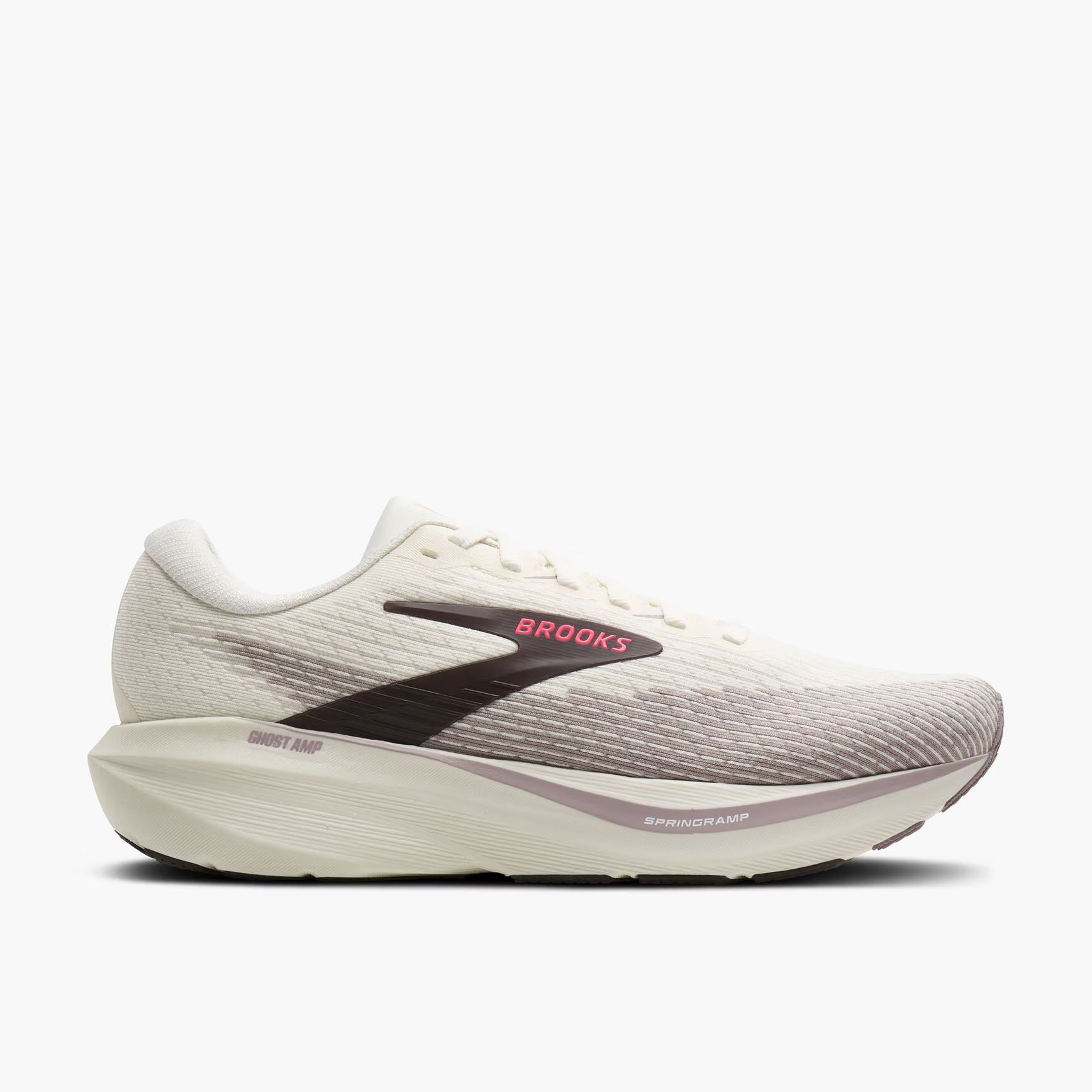 Brooks Ghost Amp running shoe in off-white and light gray with a dark brown logo and pink brand text, shown from the side on a light gray background.