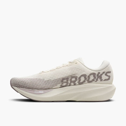 Brooks Ghost Amp running shoe in off-white and light gray, shown from a side profile on a light gray background.