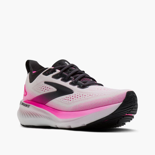 White and pink running shoe with black accents on a white background