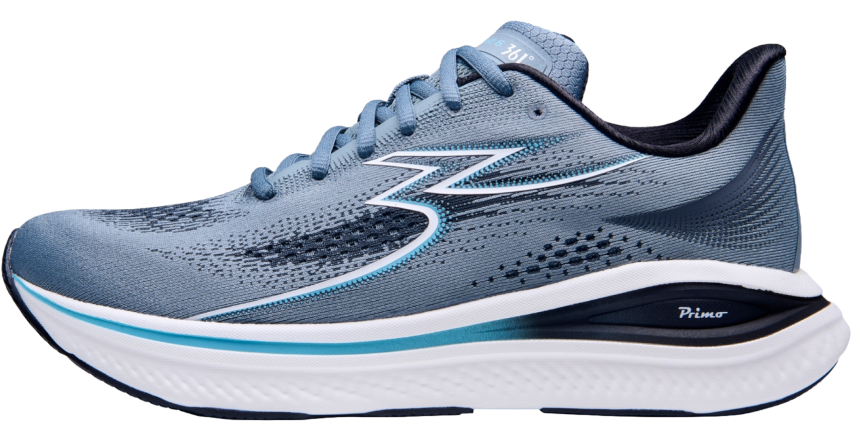 Blue running shoe with white sole on a white background