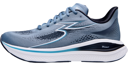 Blue running shoe with white sole on a white background