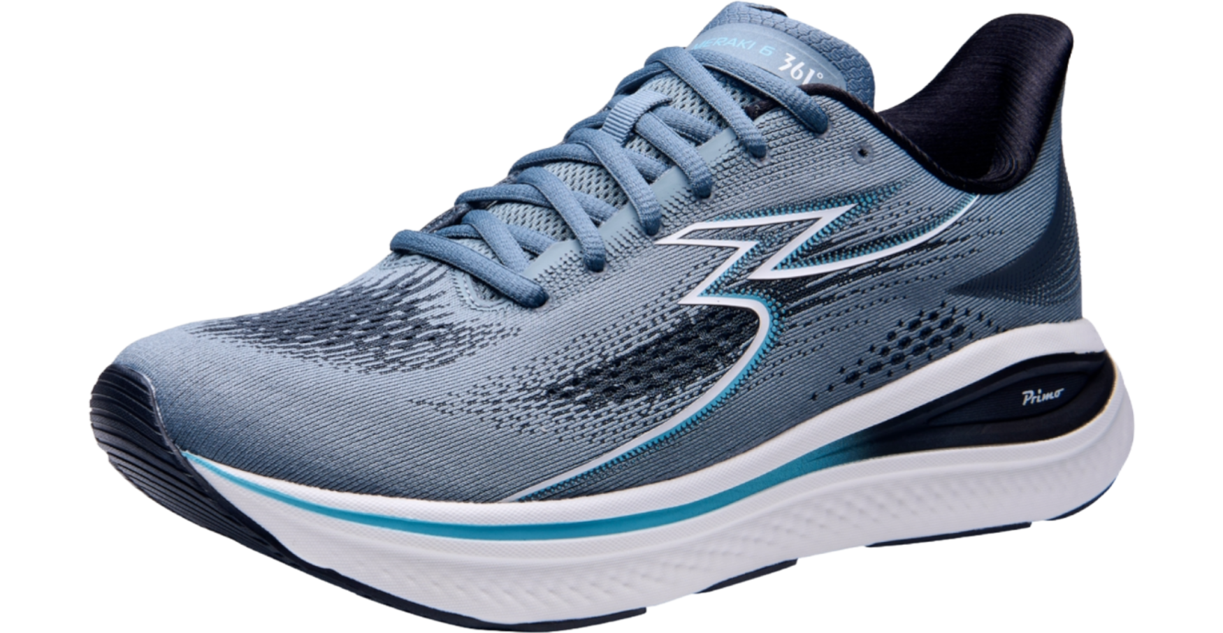 Blue running shoe with white sole on a white background