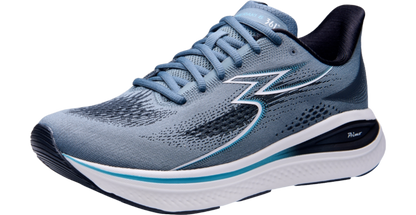 Blue running shoe with white sole on a white background