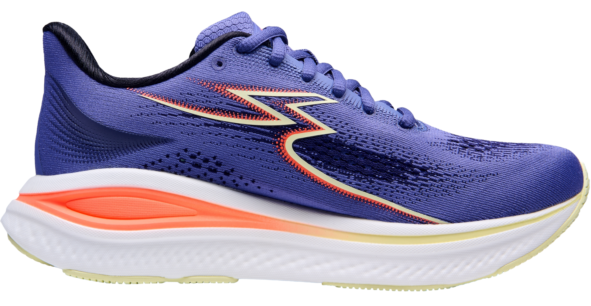 Blue running shoe with orange accents on a white background