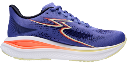Blue running shoe with orange accents on a white background