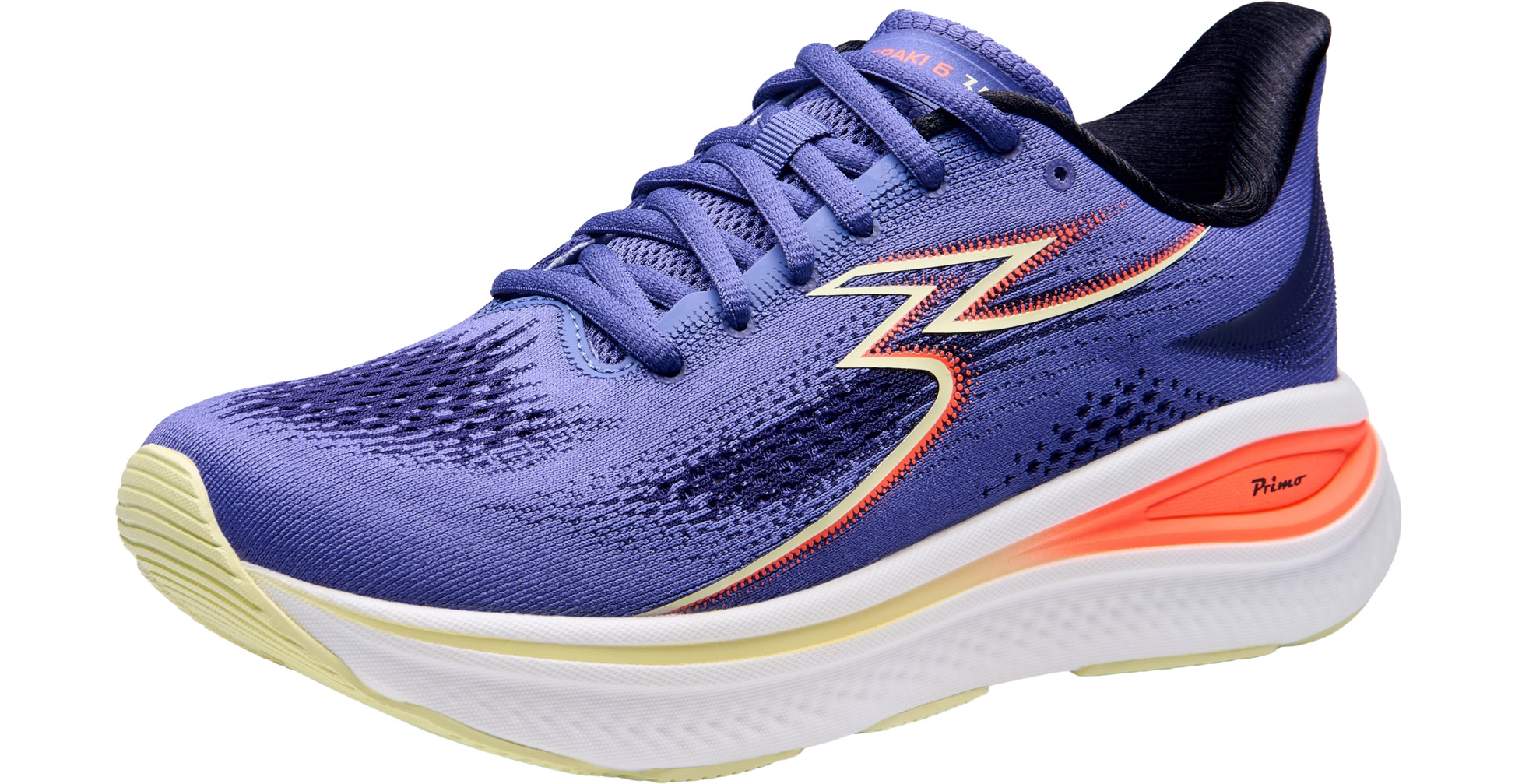 Blue running shoe with orange accents on a white background