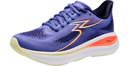 Blue running shoe with orange accents on a white background